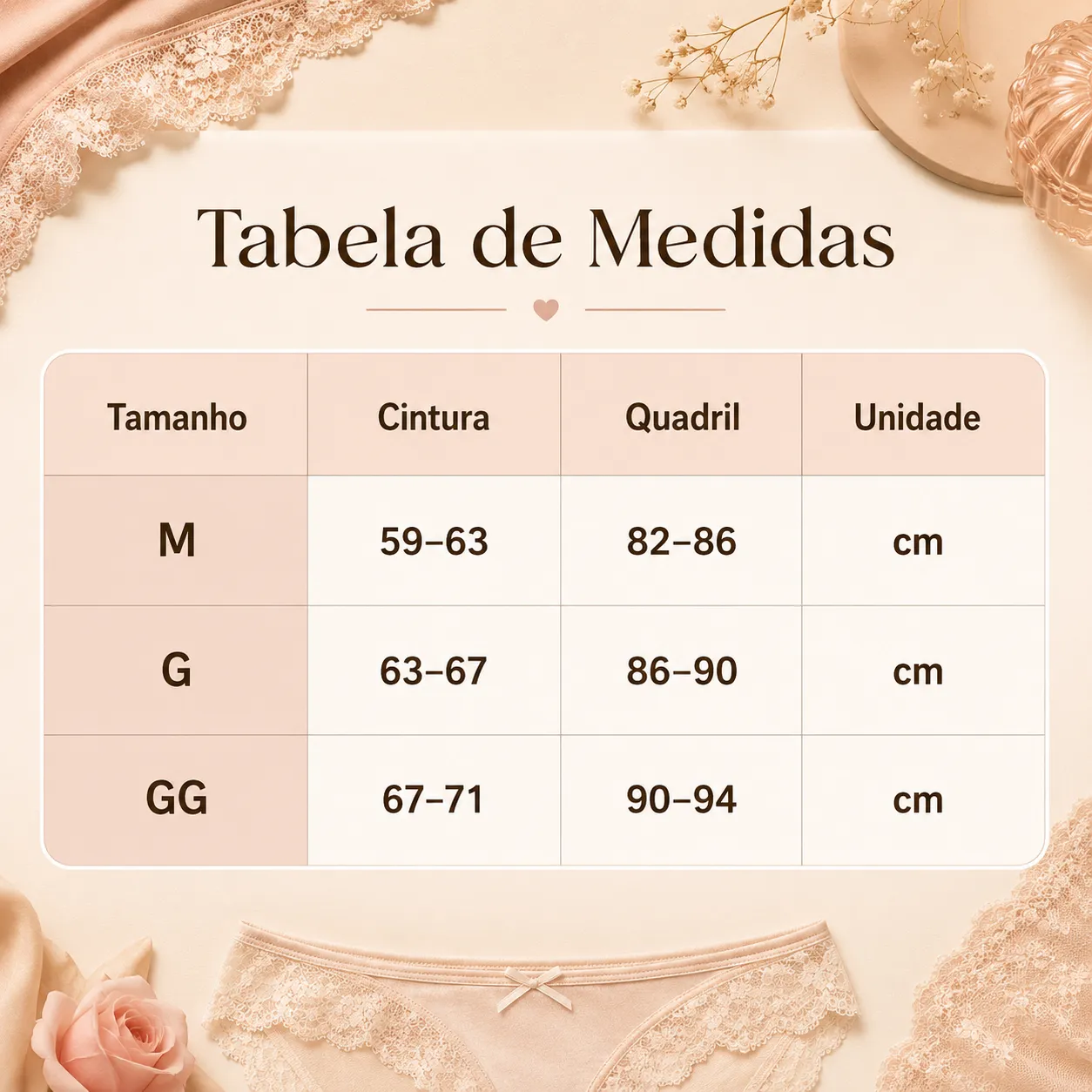 Tabela de medidas Lumies Comfort — M (cintura 59-63cm, quadril 82-86cm), G (cintura 63-67cm, quadril 86-90cm), GG (cintura 67-71cm, quadril 90-94cm)