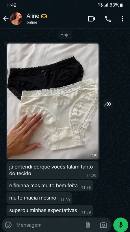 Mensagem de WhatsApp da cliente Aline sobre a Lumies Comfort