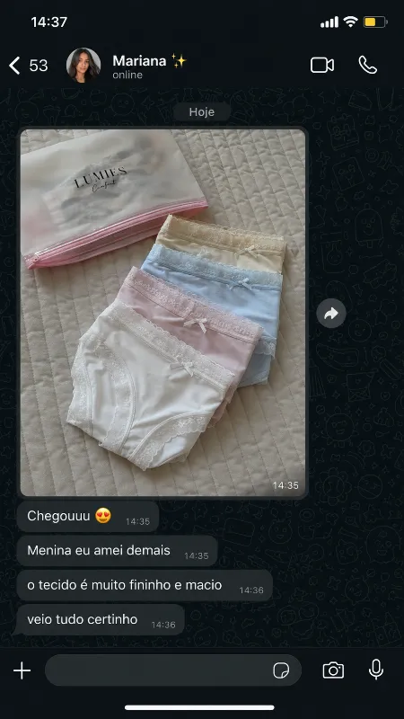 Mensagem de WhatsApp da cliente Mariana sobre a Lumies Comfort