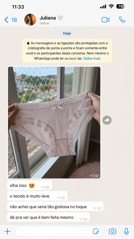 Mensagem de WhatsApp da cliente Juliana sobre a Lumies Comfort