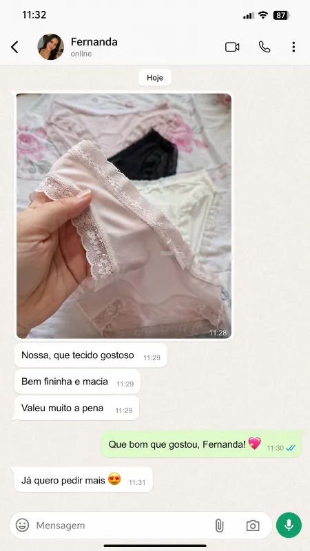Mensagem de WhatsApp da cliente Fernanda sobre a Lumies Comfort