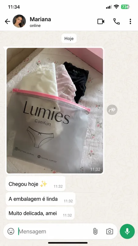 Mensagem de WhatsApp da cliente Mariana sobre a Lumies Comfort
