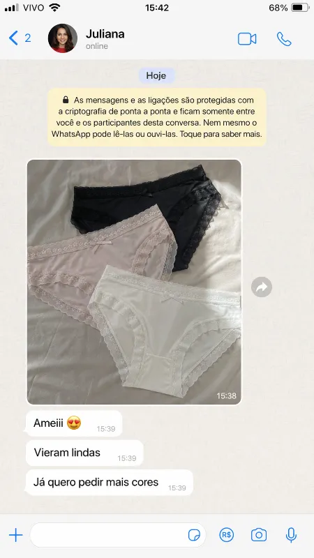 Mensagem de WhatsApp da cliente Juliana sobre a Lumies Comfort
